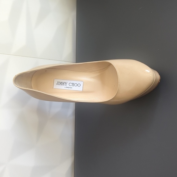 Jimmy Choo Alex Platform in Glossy Nude Beige Patent Leather Pump Heel 38.5 EU - Picture 5 of 8